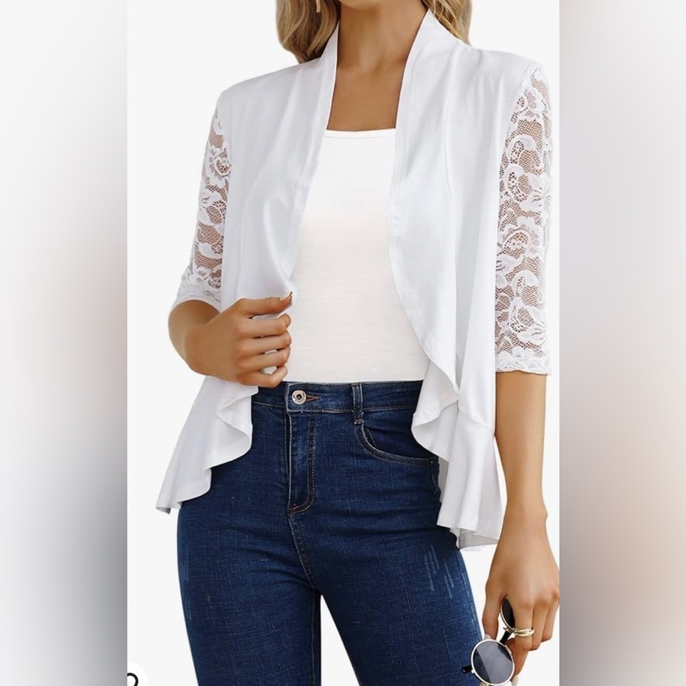 Open Cardigan (White Waterfall) with 3/4 Lace Sleeves